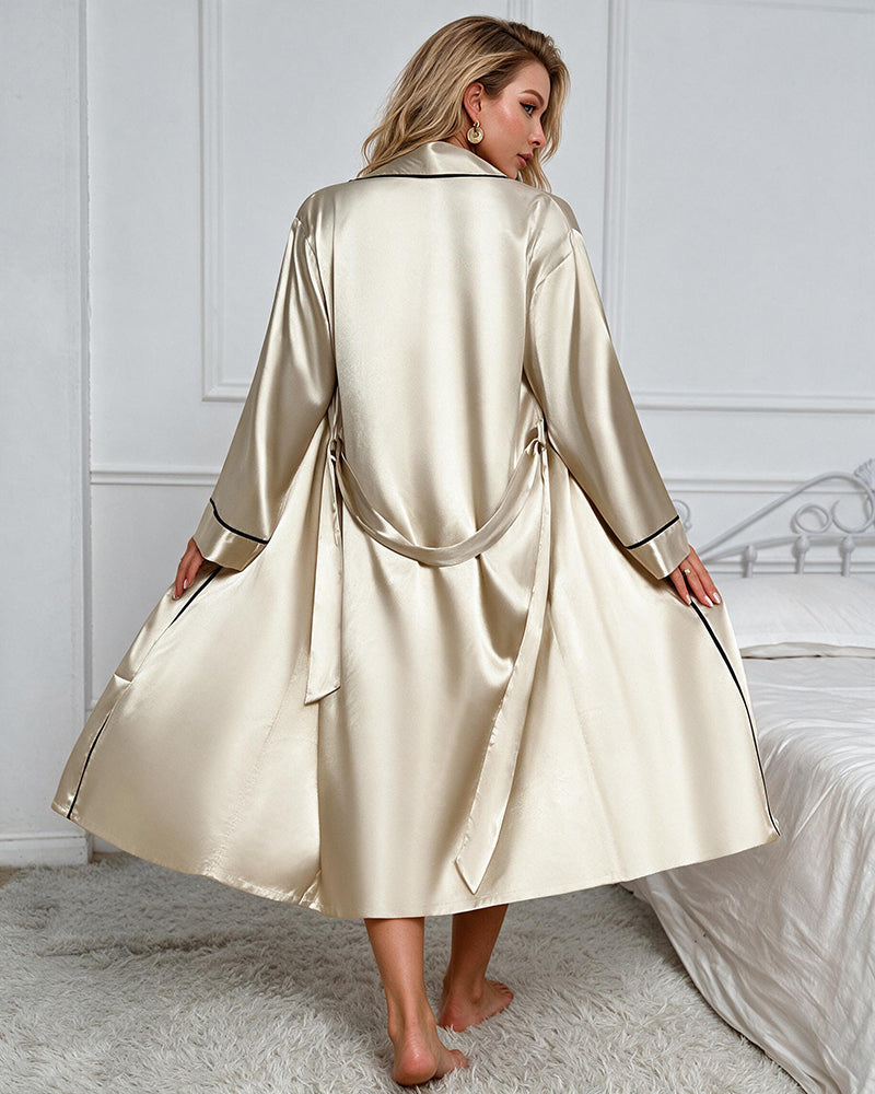 Khaki satin open-front robe over slip dress, back view