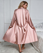 Pink satin open-front robe over slip dress, back view