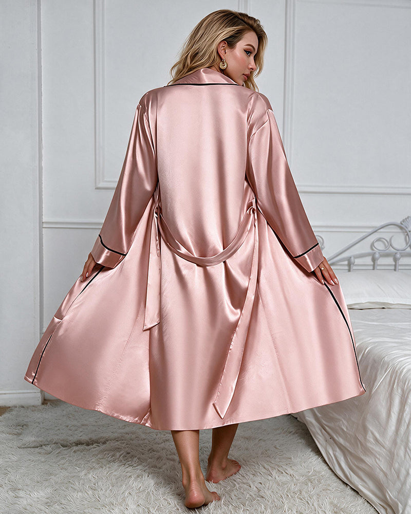 Pink satin open-front robe over slip dress, back view