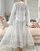 White lace halter dress and long sheer robe with lace back panel and feather-trim accents