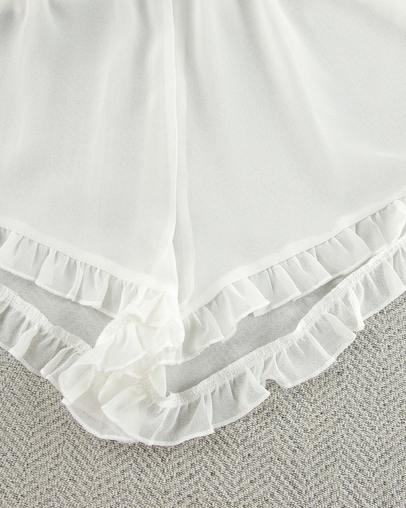 White chiffon shorts hem with layered ruffle trim