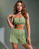 Green polka dot mesh bandeau and tiered ruffle shorts set with bow-tie ruching