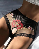Black satin mesh crotchless high-waist panty with red and gold floral embroidery