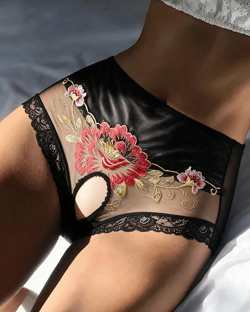 Black satin mesh crotchless high-waist panty with red and gold floral embroidery