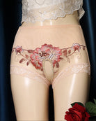 Nude mesh crotchless high-waist panty with red floral embroidery and scalloped lace