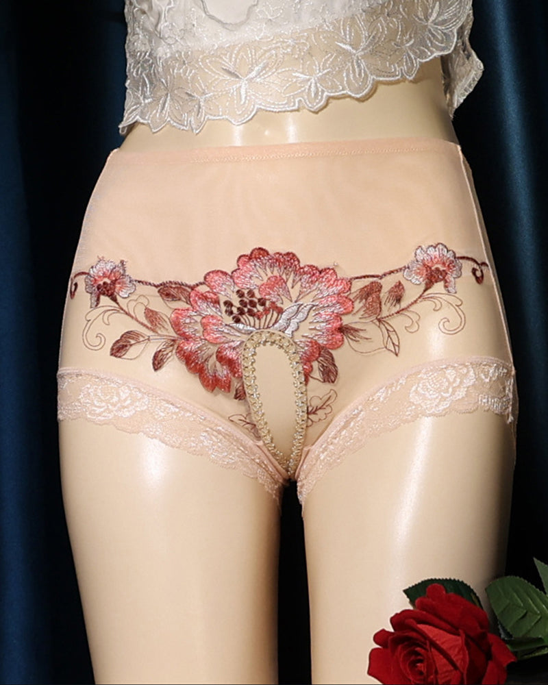 Nude mesh crotchless high-waist panty with red floral embroidery and scalloped lace