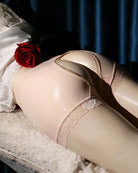 Nude mesh crotchless high-waist panty with scalloped lace trim