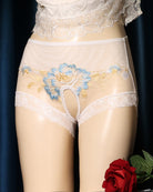 Nude mesh crotchless high-waist panty with blue floral embroidery and white lace trim