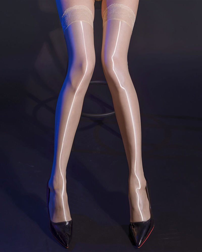 Tan shiny lace thigh-high stockings with lace top