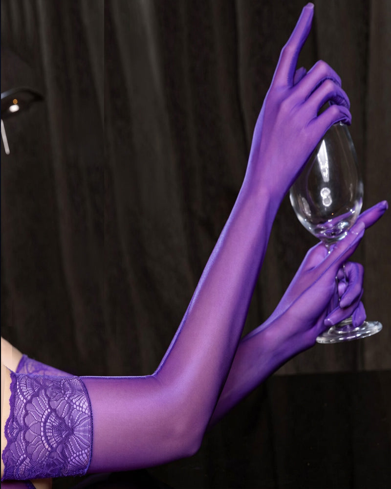 Purple opera gloves with lace cuffs, glossy sheer stretch long fit