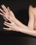 Nude opera gloves with lace cuffs, glossy sheer long hand coverage