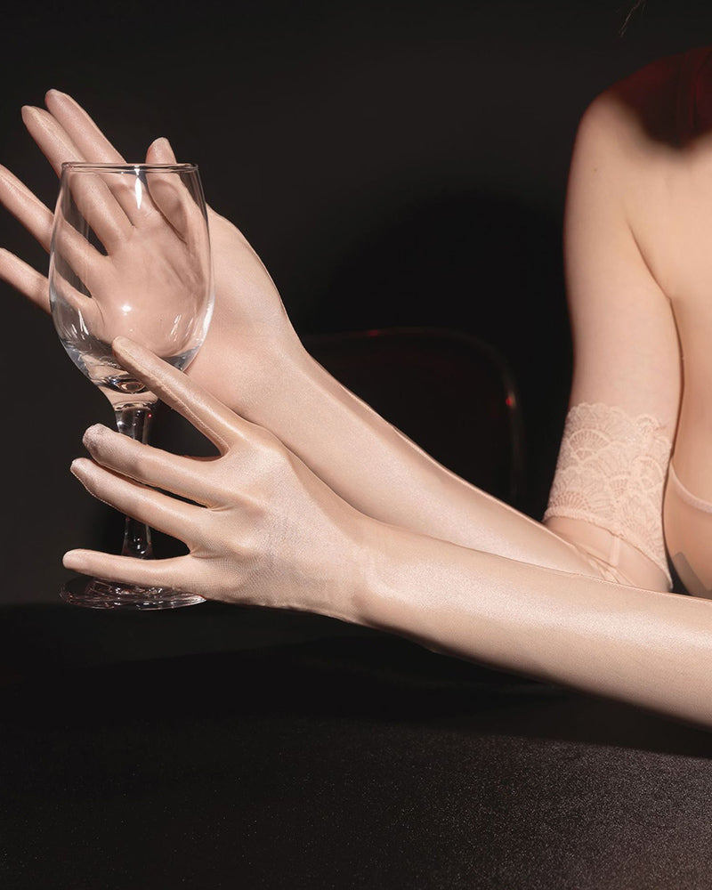 Nude opera gloves with lace cuffs, glossy sheer long hand coverage