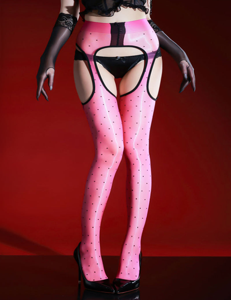 Glossy Oil-Shine Polka Dot Harness Crotchless Pantyhose - Hot Pink
