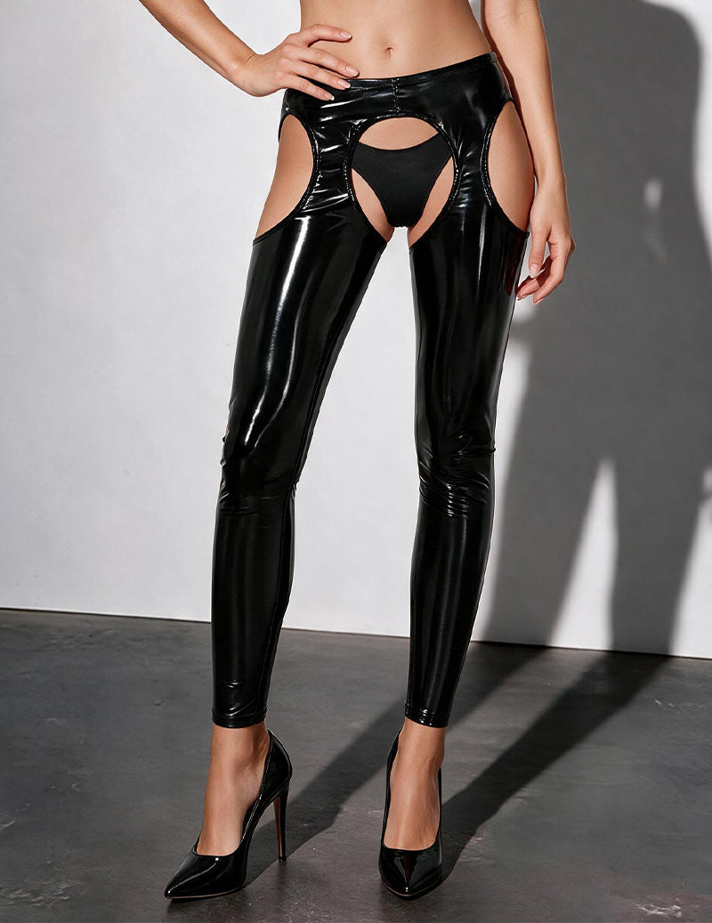 Plus Size Patent Leather Open Crotch Leggings High Waist Shiny Pants