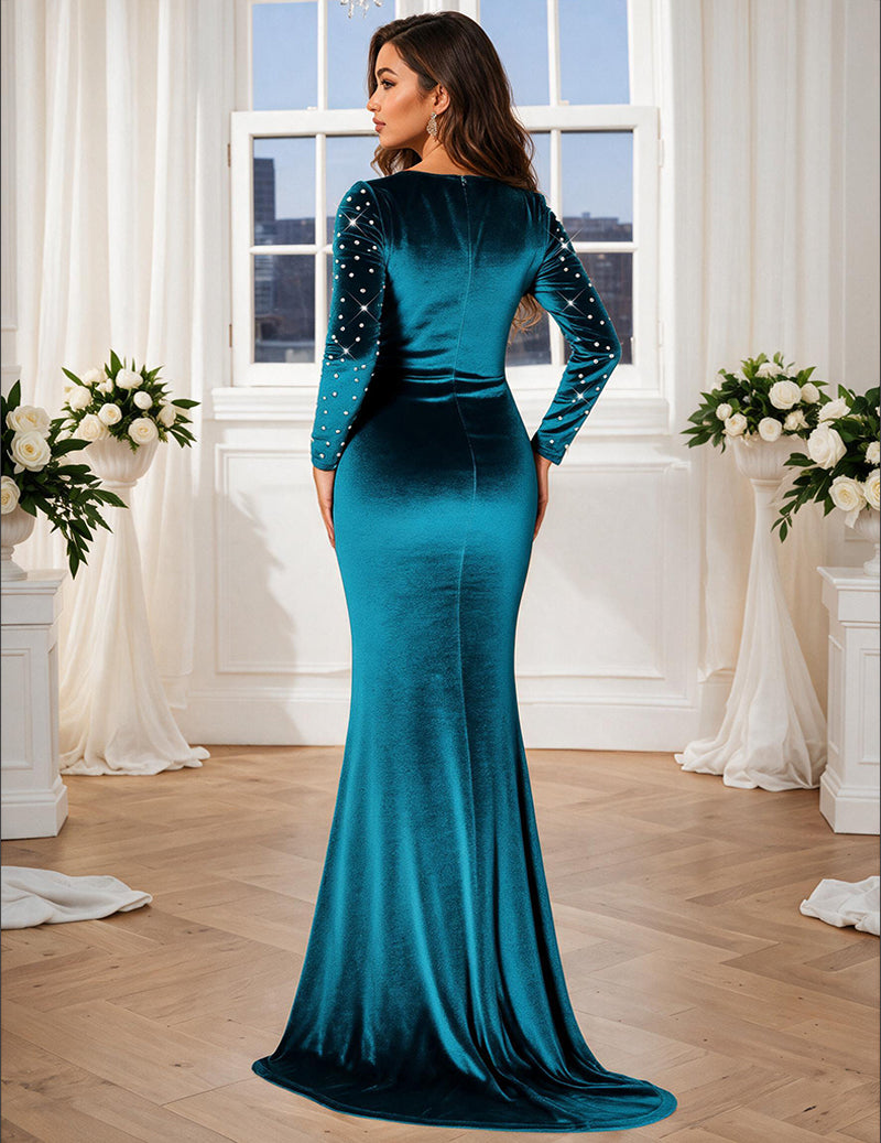 Velvet Rhinestone Beaded Long Sleeve Mermaid Evening Gown - Peacock Blue