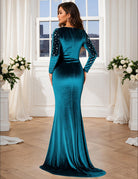 Velvet Rhinestone Beaded Long Sleeve Mermaid Evening Gown - Peacock Blue