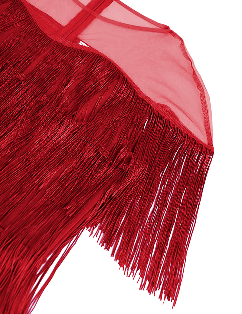 Mesh Panel Tiered Fringe Bodycon Midi Dress - Red