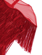 Mesh Panel Tiered Fringe Bodycon Midi Dress - Red