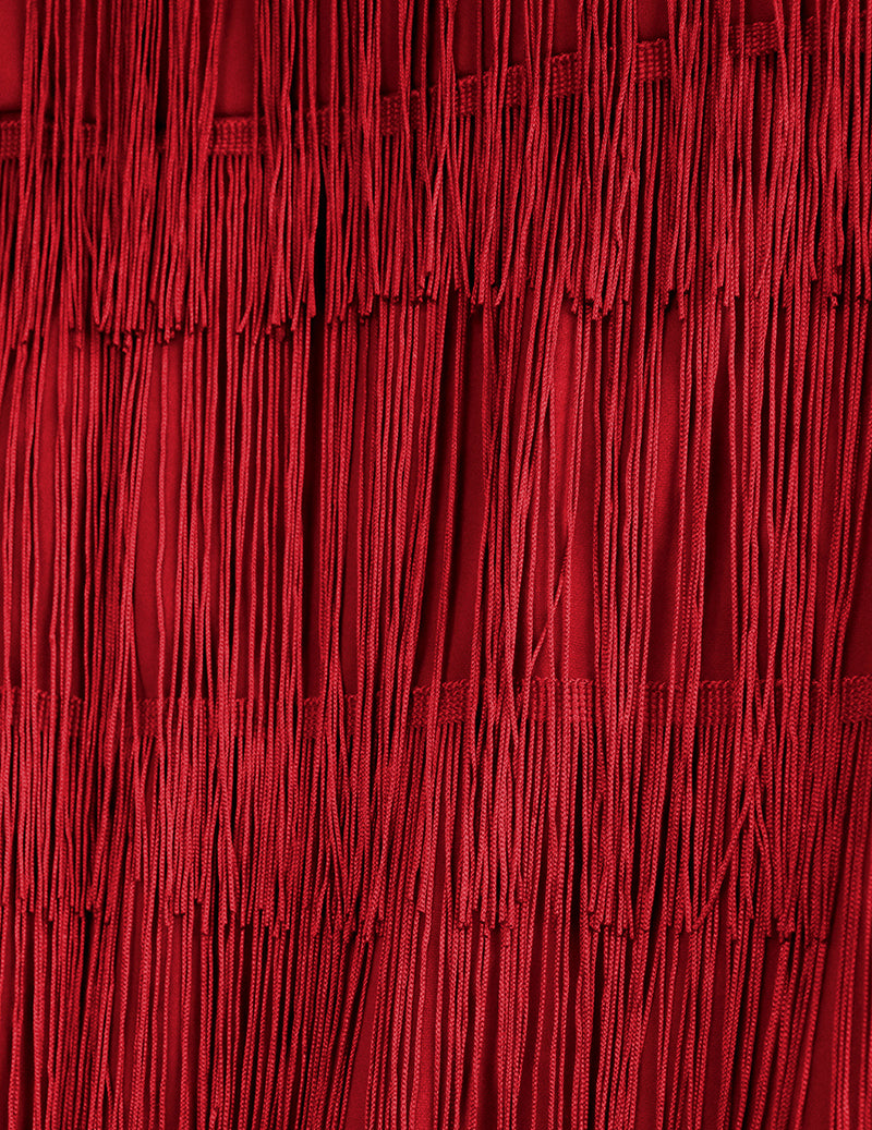 Mesh Panel Tiered Fringe Bodycon Midi Dress - Red