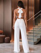Halter Deep V Cropped Top Wide Leg Pants Set - White