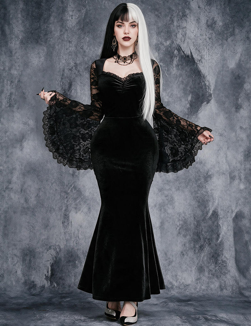 Gothic Lace Bell Sleeve Velvet Mermaid Dress - Black