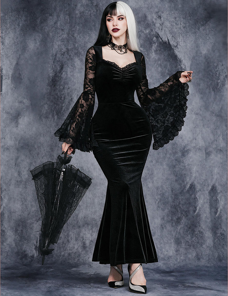 Gothic Lace Bell Sleeve Velvet Mermaid Dress - Black