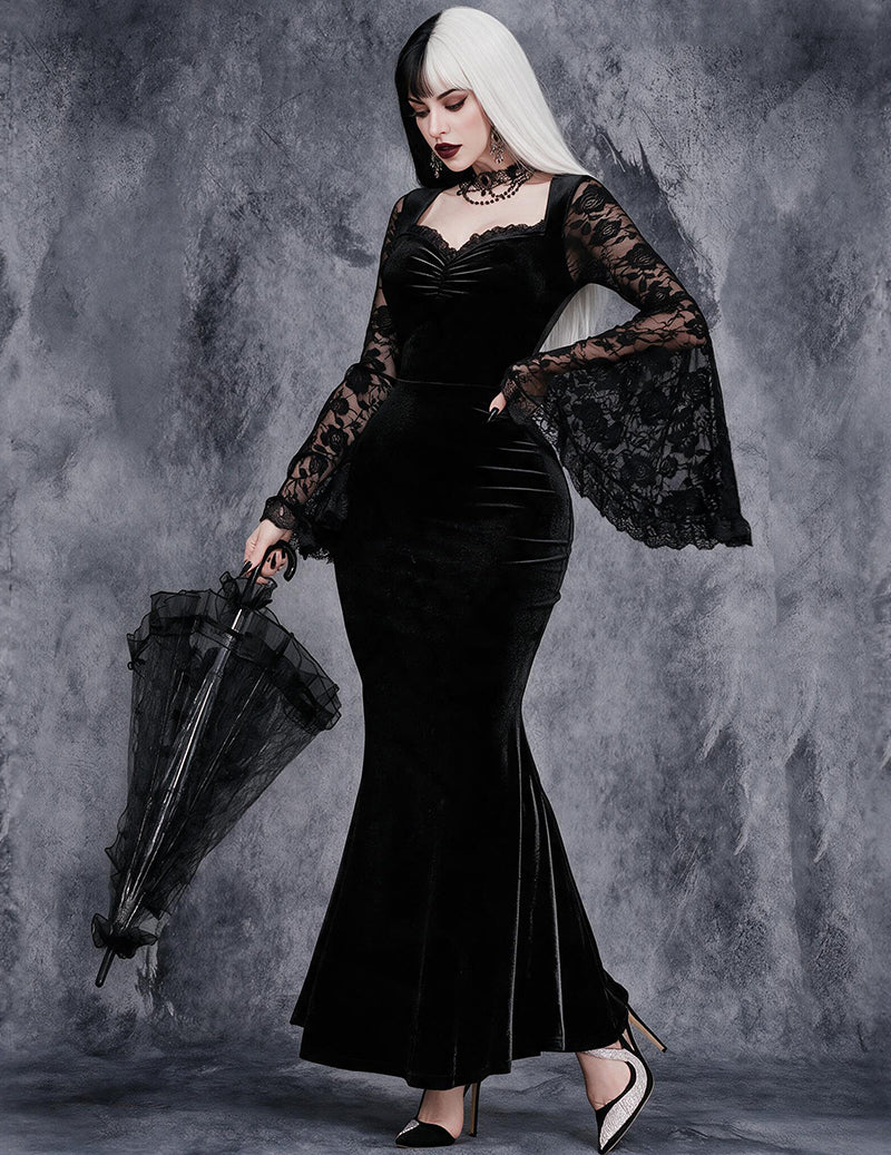 Gothic Lace Bell Sleeve Velvet Mermaid Dress - Black