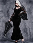 Gothic Lace Bell Sleeve Velvet Mermaid Dress - Black