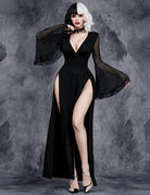 Gothic Mesh Cape Sleeve Deep V Slit Maxi Dress - Black