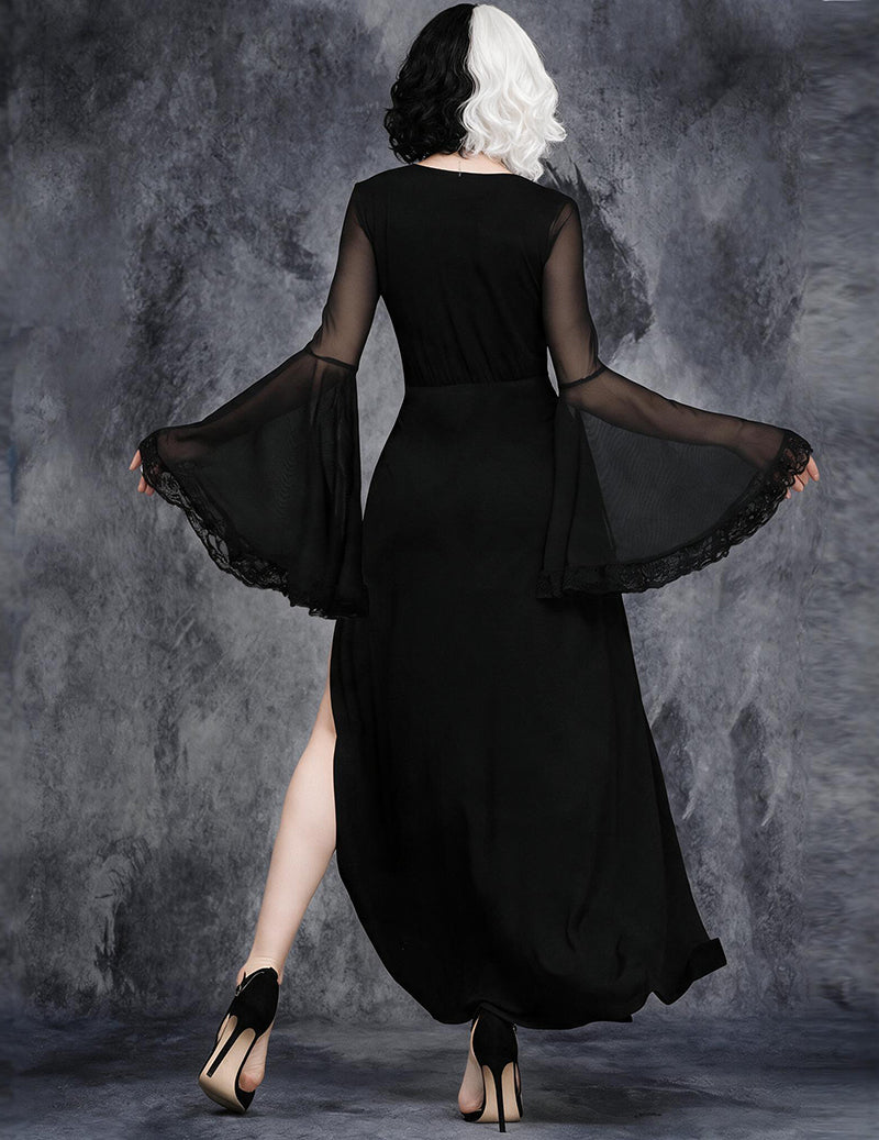 Gothic Mesh Cape Sleeve Deep V Slit Maxi Dress - Black