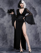 Gothic Mesh Cape Sleeve Deep V Slit Maxi Dress - Black