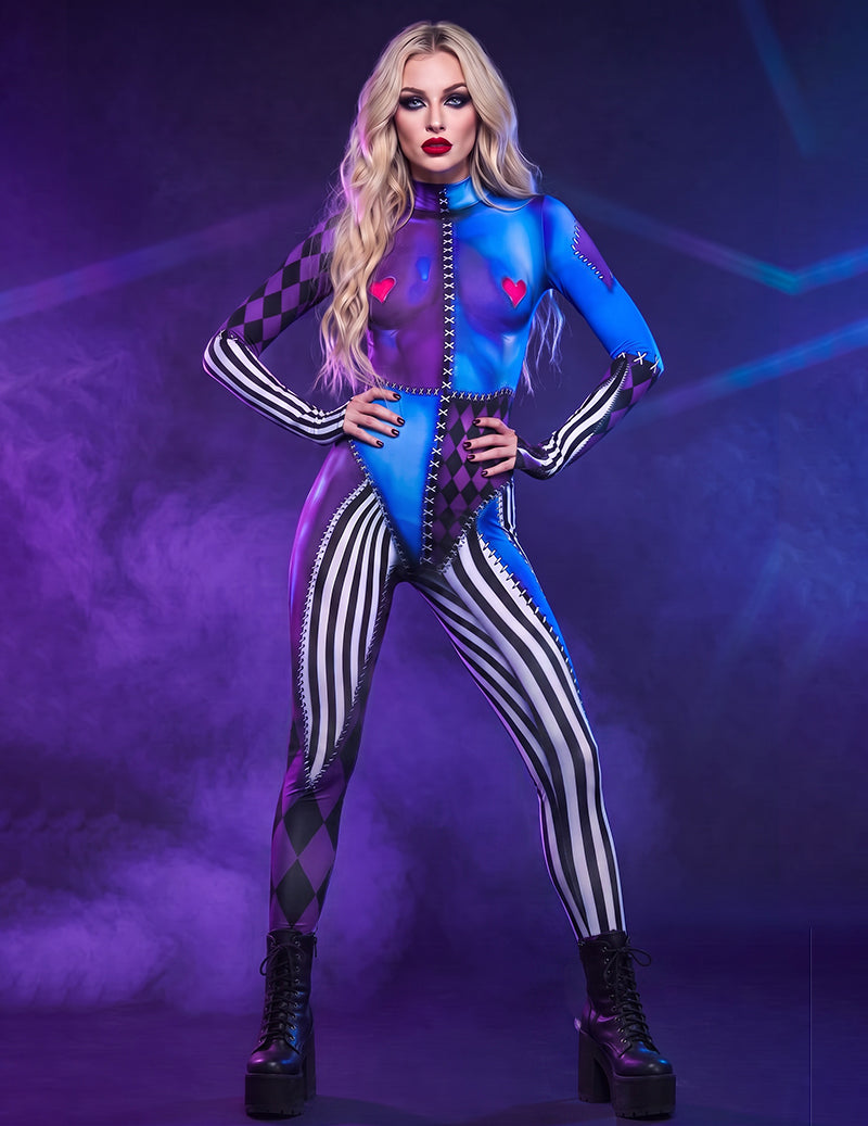 Skeleton Print Zipper Front Bodysuit Jumpsuit - Skeleton Print