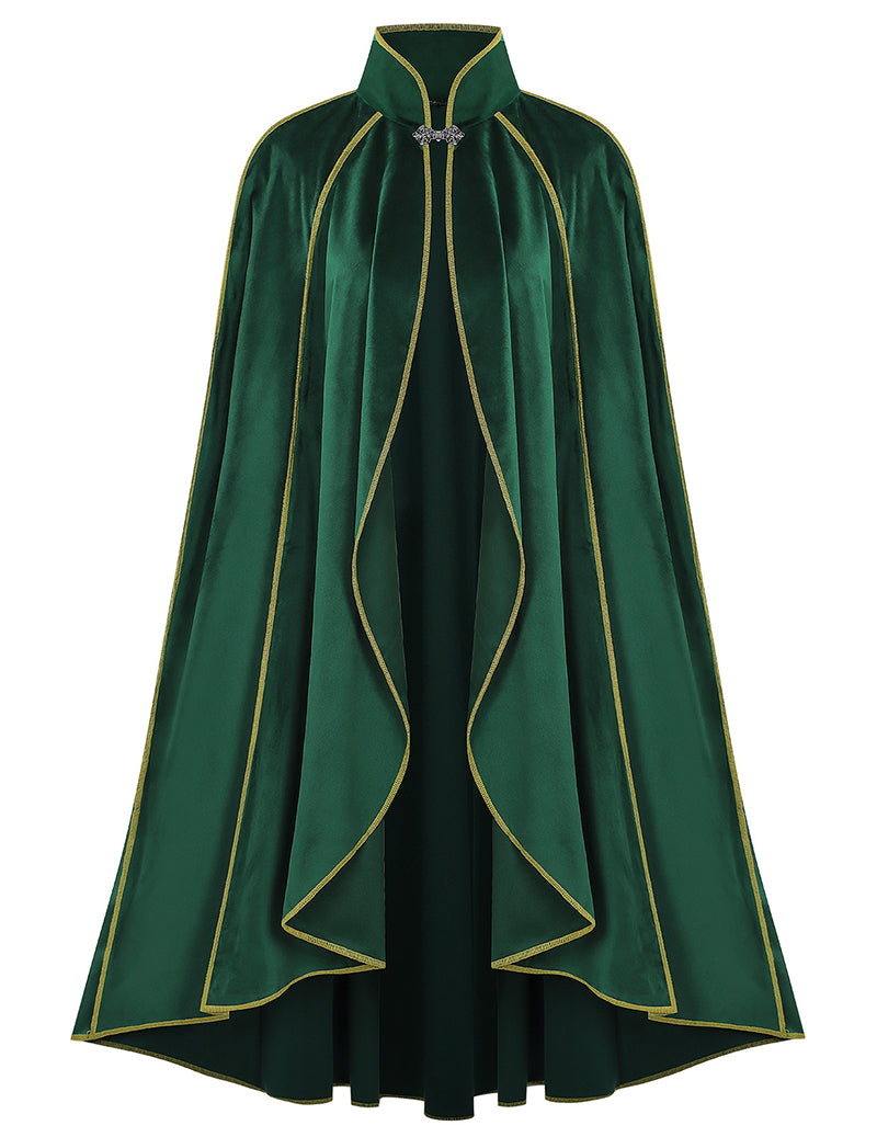 Medieval Gold Trim Velvet Cloak Cape - Green