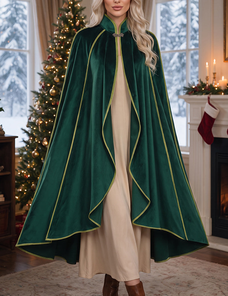 Medieval Gold Trim Velvet Cloak Cape - Green