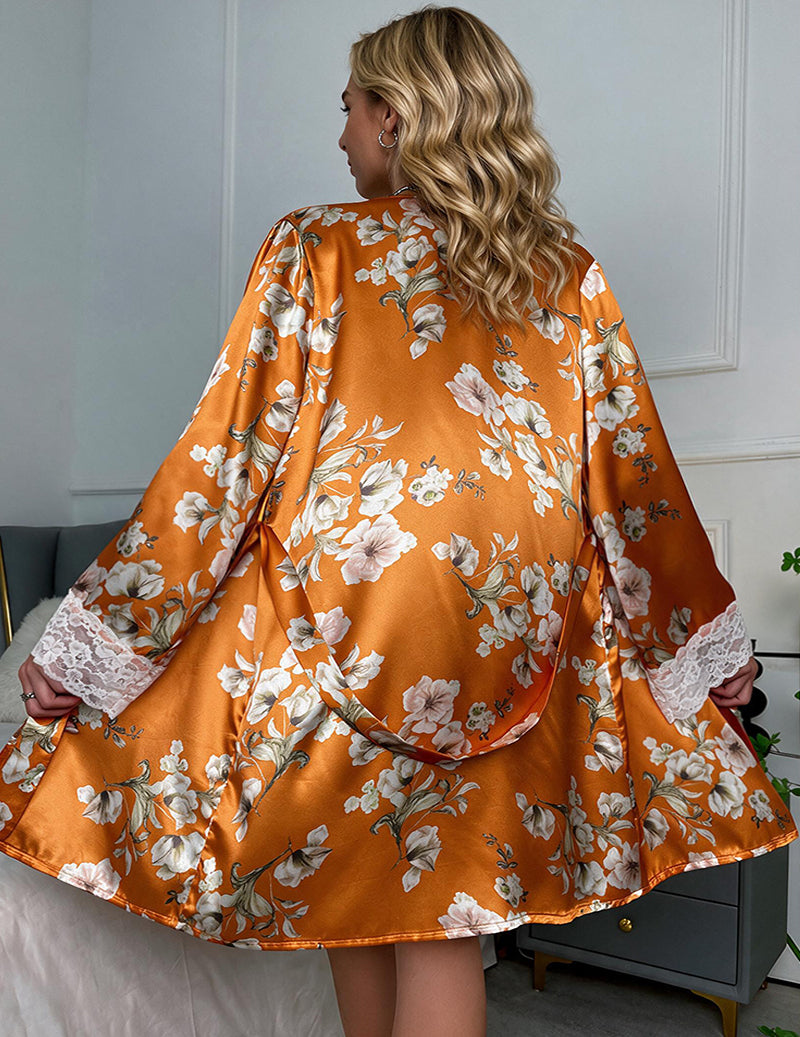 Floral Print Satin Lace Bra Shorts and Robe Set - Orange Floral