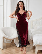 Velvet Sweetheart Lace Trim Slit Maxi Nightgown - Wine Red