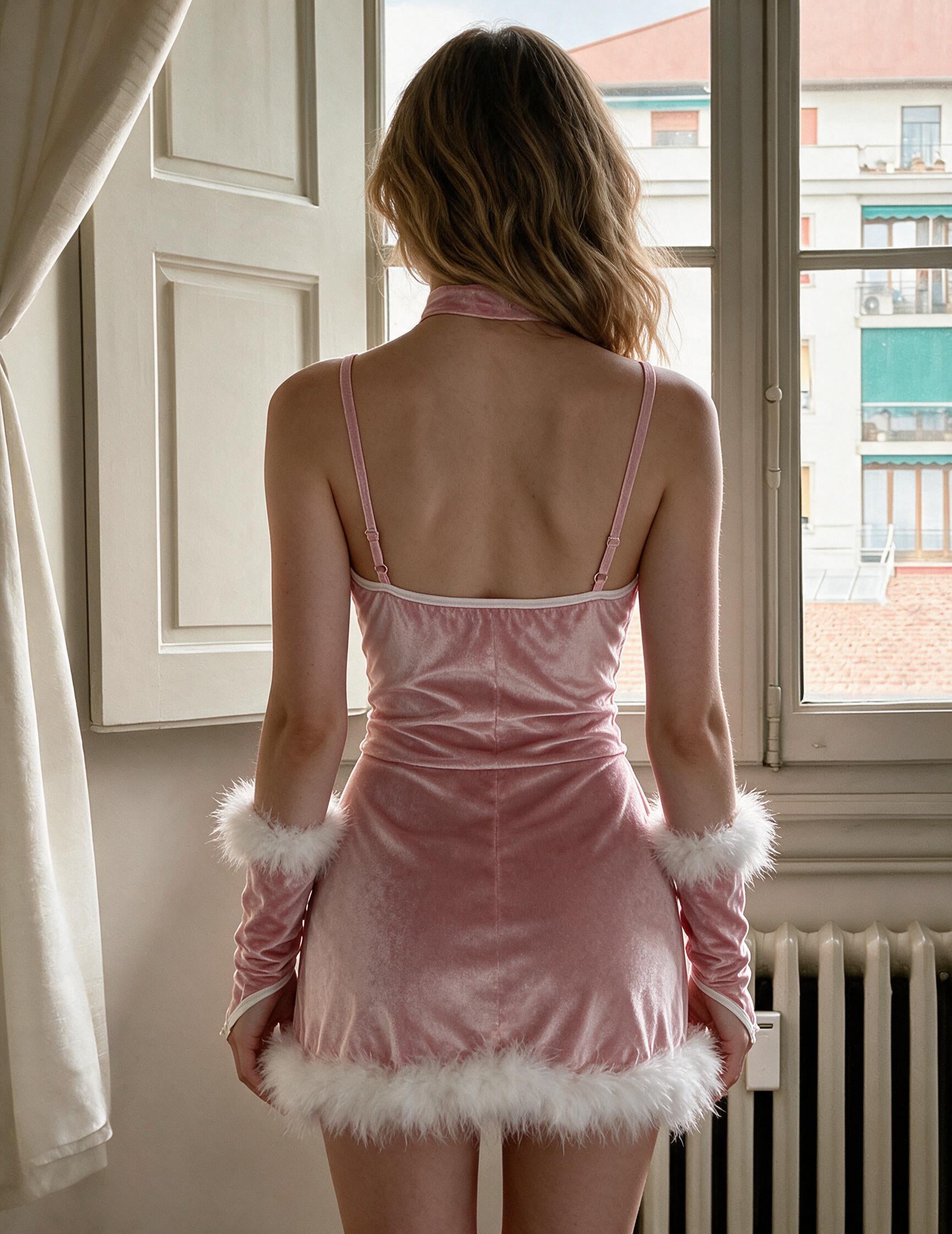Christmas Velvet Fur Trim Corset Dress Costume Set - Pink