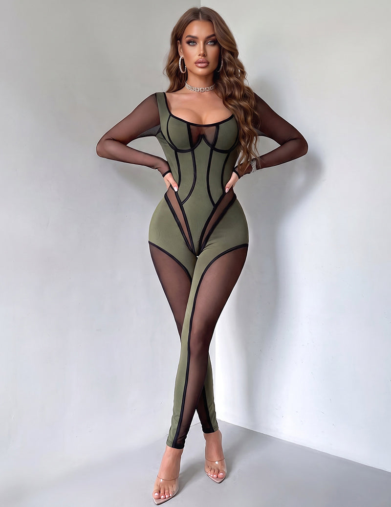 Sheer Mesh Panel Stripe Trim Bodycon Jumpsuit - Green