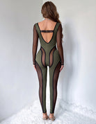 Sheer Mesh Panel Stripe Trim Bodycon Jumpsuit - Green