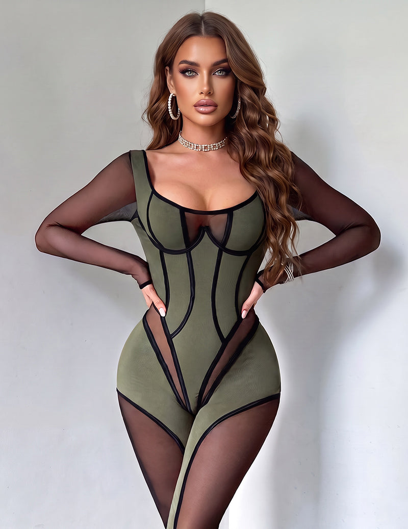 Sheer Mesh Panel Stripe Trim Bodycon Jumpsuit - Green
