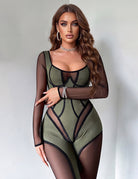 Sheer Mesh Panel Stripe Trim Bodycon Jumpsuit - Green