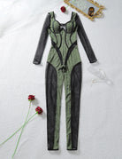 Sheer Mesh Panel Stripe Trim Bodycon Jumpsuit - Green