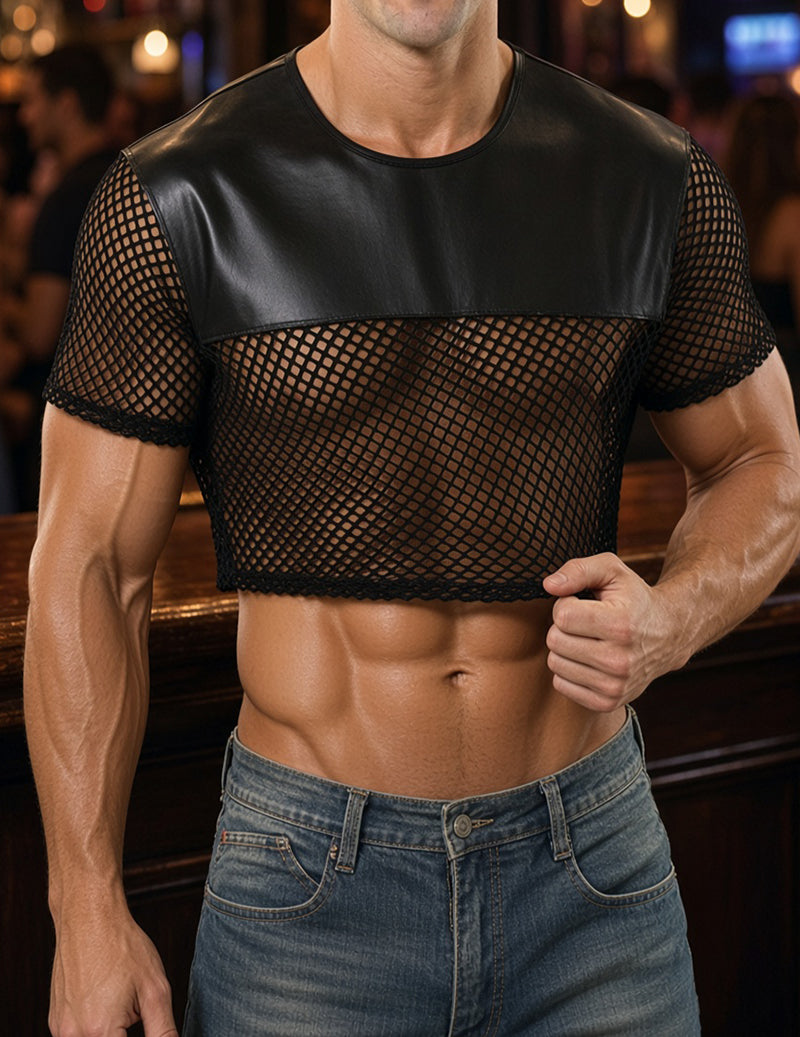 Men Sheer Mesh Short Sleeve Crop Top Chest Binder