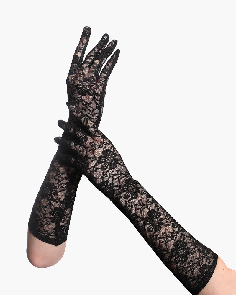 Long lace floral dressing gloves, black, fingerless with floral lace pattern