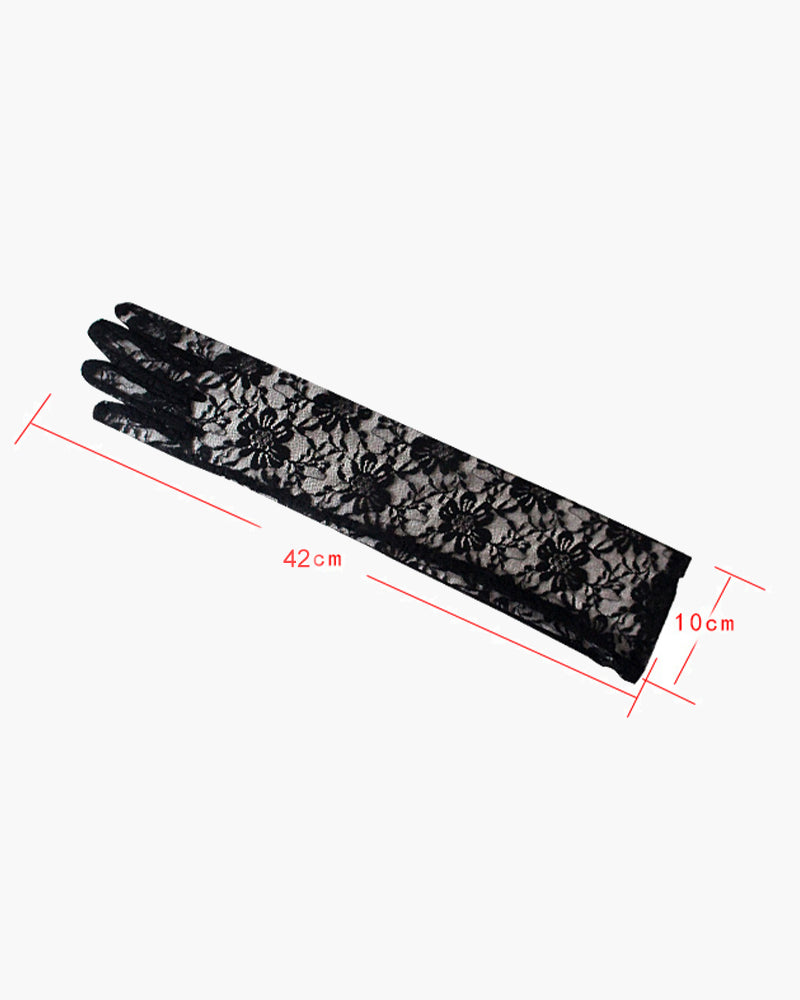 Long lace floral dressing gloves, black; 42 cm length, 10 cm cuff width