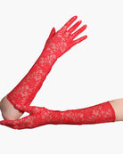 Long lace floral dressing gloves, red, sheer floral lace with finger openings
