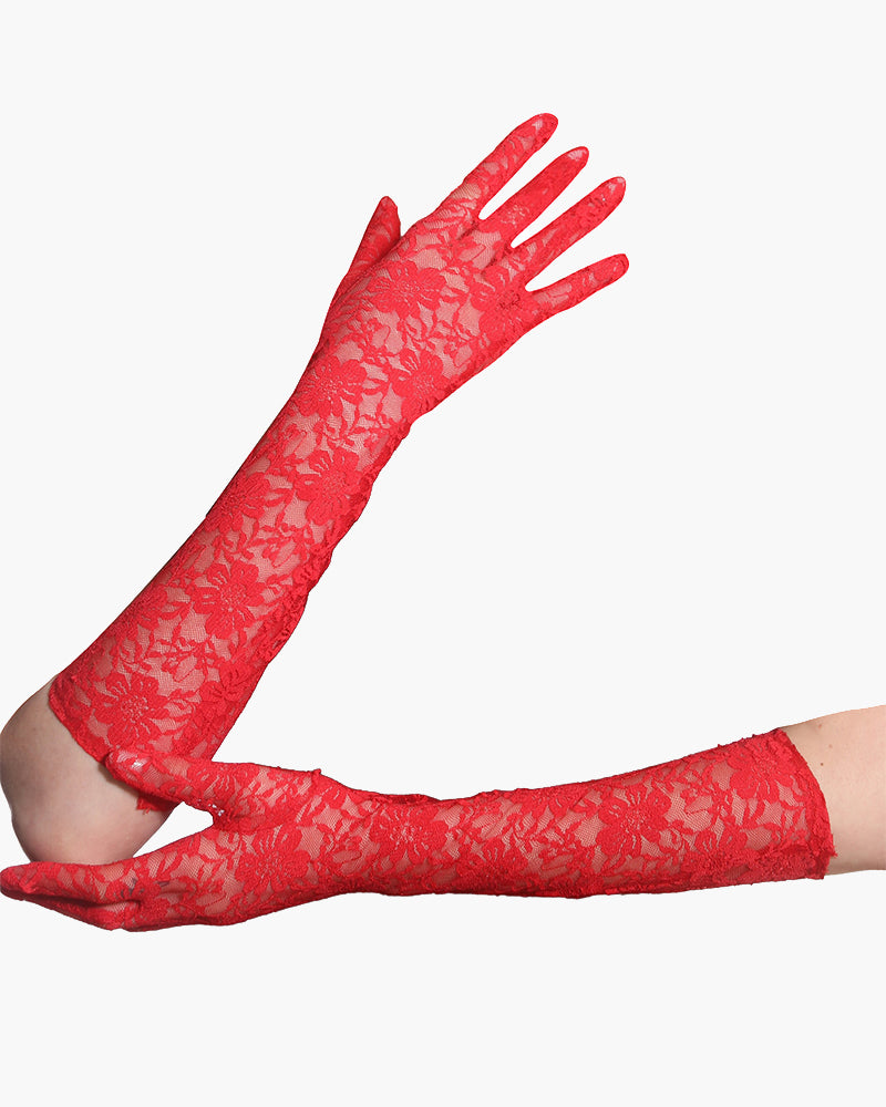 Long lace floral dressing gloves, red, sheer floral lace with finger openings
