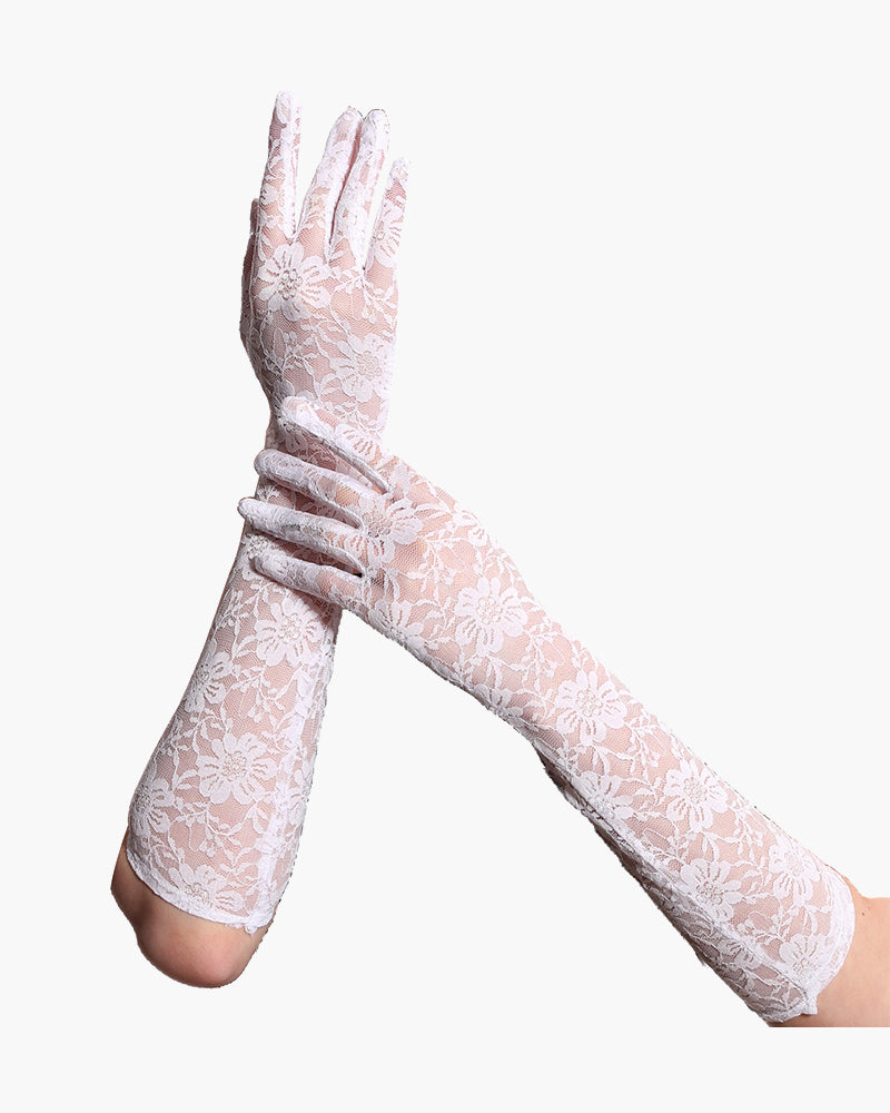 Long lace floral dressing gloves, pale lace with floral pattern and open fingers