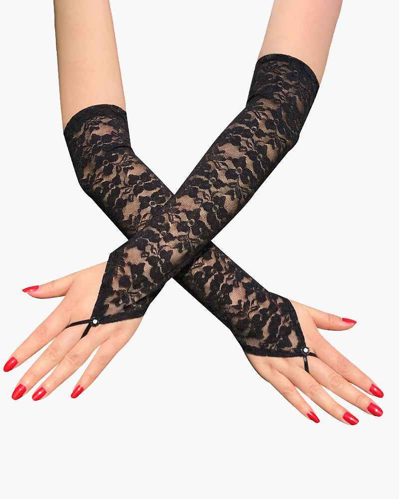 Black lace fingerless gloves with floral pattern and tied wrist straps