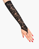 Black lace fingerless glove sleeve with floral pattern and tie on wrist